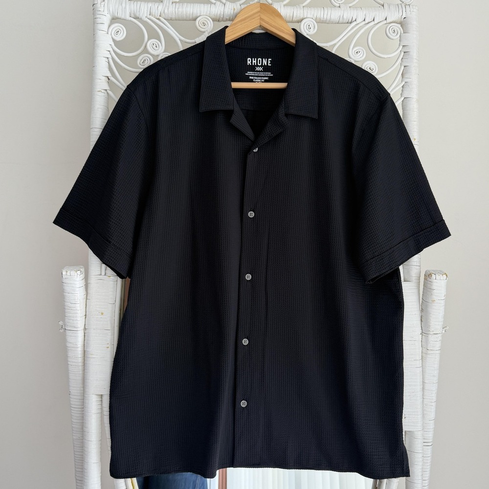 Rhone Shirt Men XL Black Commuter Seersucker Camp Texture Button Up Short Sleeve